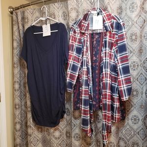 Blue shirt and plaid cardigan